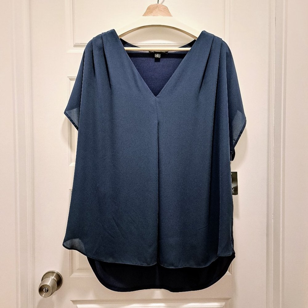 INC International Concepts Inverted-Pleat V-Neck Indigo Top, Size 3X